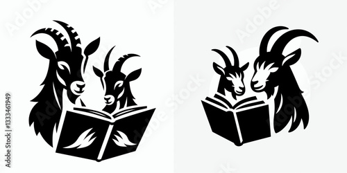 Goat reading together a simple minimalist vector outline drawing of a wise old goat engrossed in a book.