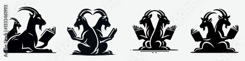 Goat sitting back to back reading a minimalist graphic depicting serene caprine companions.