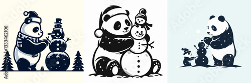 Panda Building a snowman vector illustration a playful winter scene a cute panda makes a snow friend