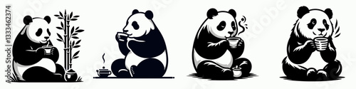 Panda Drinking tea vector outline drawing shows a relaxed bear enjoying a calming moment with a cuppa