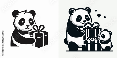 Panda Gift Exchange vector outline drawing shows a cute panda exchanging gifts a festive winter scene