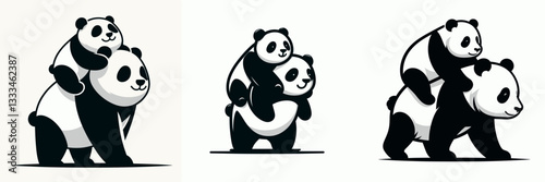 Panda giving a piggyback ride simple monochrome vector illustration depicts a playful friendship scene