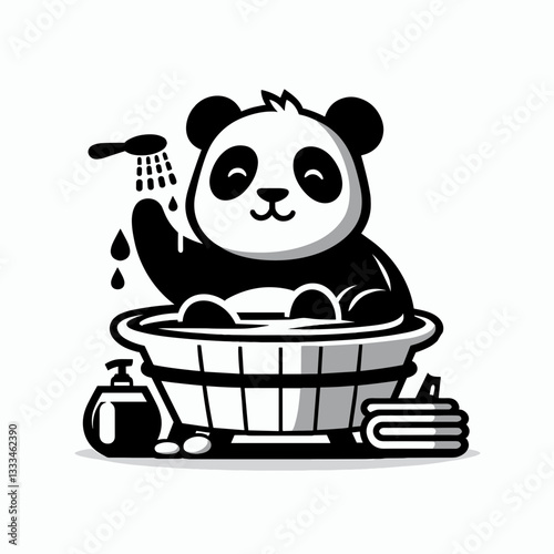 Panda having a spa day vector graphic simple minimalist monochrome silhouette doodle showing pampered relaxation