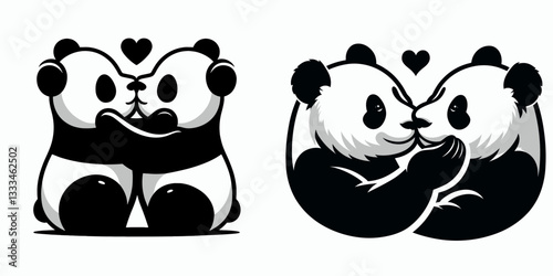 Panda Holding each other’s faces for a kiss vector drawing shows affection and love in a simple monochrome style