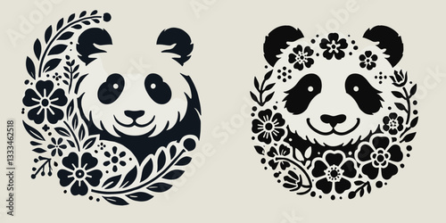 Panda incorporating flowers vector outline drawing: a minimalist graphic of a peaceful bamboo forest bloom.