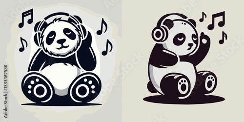Panda Listening to music vector graphic simple minimalist monochrome silhouette a peaceful bamboo forest scene