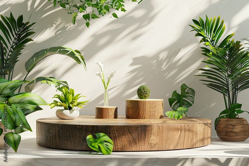 Ultra Quality Image of Wooden Podium with Botanical Decor for Showcasing Summer Products Ultra Quality Image of Wooden Podium with Botanical Decor for Showcasing Summer Products