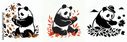 Panda playing with autumn leaves a simple monochrome vector illustration depicting a playful scene of fall foliage