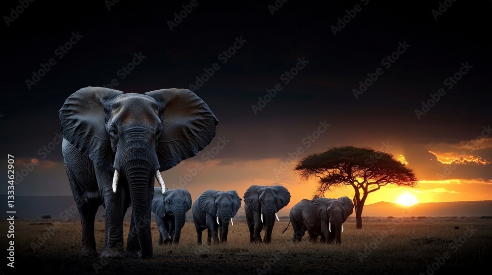 Fototapeta premium Majestic Elephant Herd Sunset Savanna African Wildlife Photography