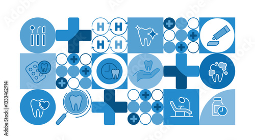 Dental icons and symbols, illustrating various aspects of dental health, care, and hygiene. medical tools and dental procedures. used in dentist clinic or hospital. vector design.