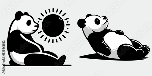 Panda sun bathing vector graphic: a lazy bear enjoys the summer sun minimalist outline drawing