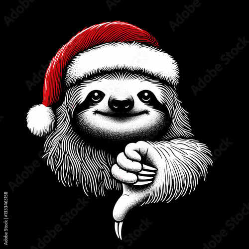 Sloth wear red Santa Claus costumes giving a thumbs down minimalist vector graphic depicting holiday laziness