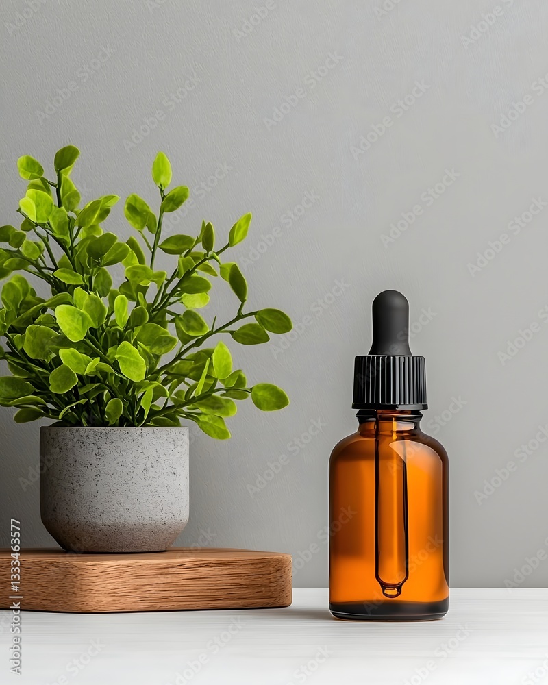 Impressionist style image of an amber colored glass dropper bottle reflecting the soft lighting in a cozy minimalist home studio setting Impressionist style image of an amber colored glass dropper bottle reflecting the soft lighting in a cozy minimalist home studio setting
