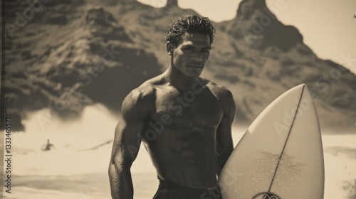 Sepia-toned Photo of a Muscular Surfer with Surfboard on Beach near Rocky Mountain