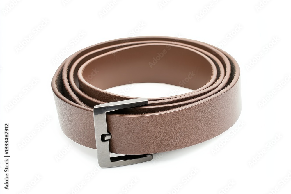 Classic brown leather belt with metallic buckle on white background Classic brown leather belt with metallic buckle on white background