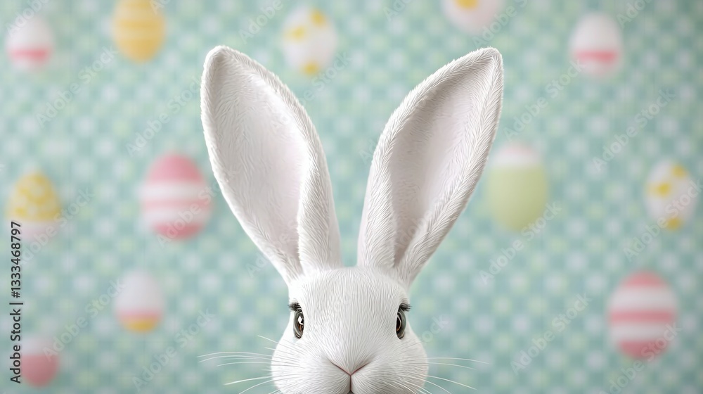 Fototapeta premium Adorable Easter Bunny Close up White Rabbit Ears Pastel Eggs Background