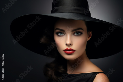  Timeless Elegance: Fashion Model in Black Dress & Wide-Brim Hat