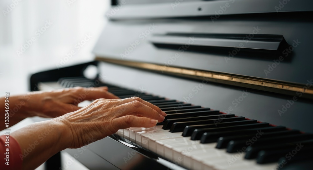 Fototapeta premium An elderly person's hands play the piano. The close-up view highlights the fingers gracefully touching the keys. The scene is bright and serene, capturing musical artistry.