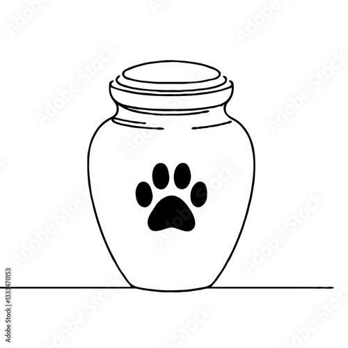 Minimalistic drawing of cat cremation urn with paw print applied, elegant continuous line, black and white, clean and simple composition