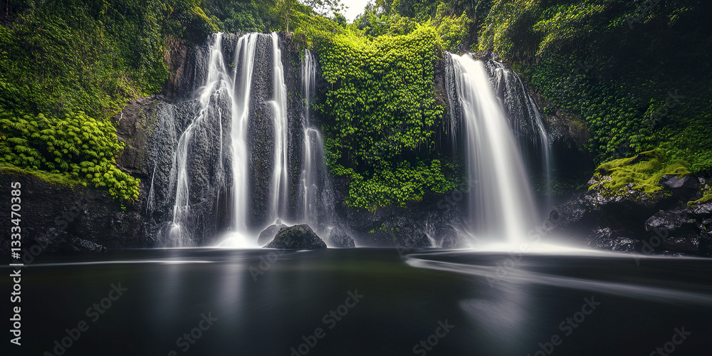 Fototapeta premium dramatic long exposure of cascading waterfalls surrounded by lush greenery
