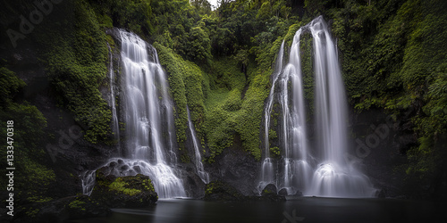 dramatic long exposure of cascading waterfalls surrounded by lush greenery