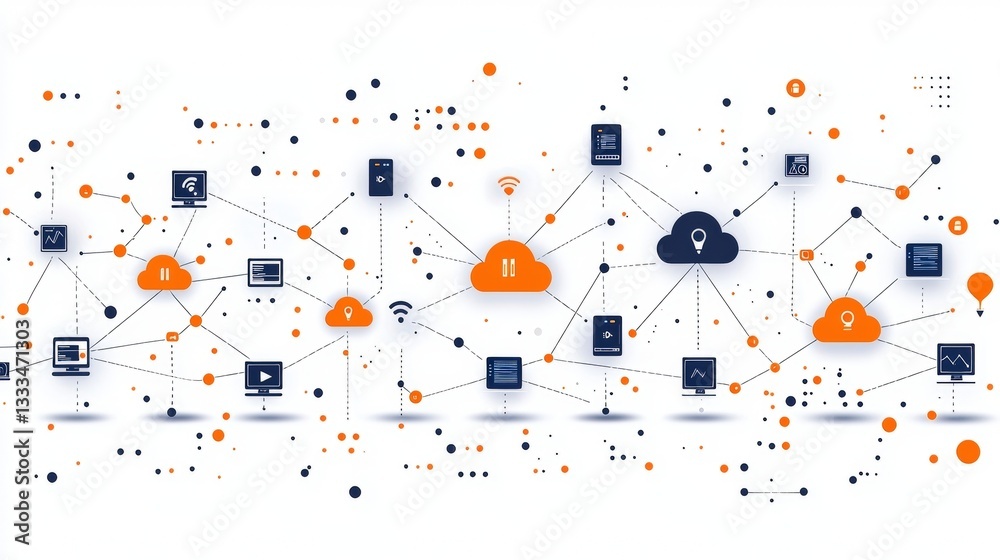 Obraz premium Digital connectivity concept with cloud technology and diverse devices in a network layout