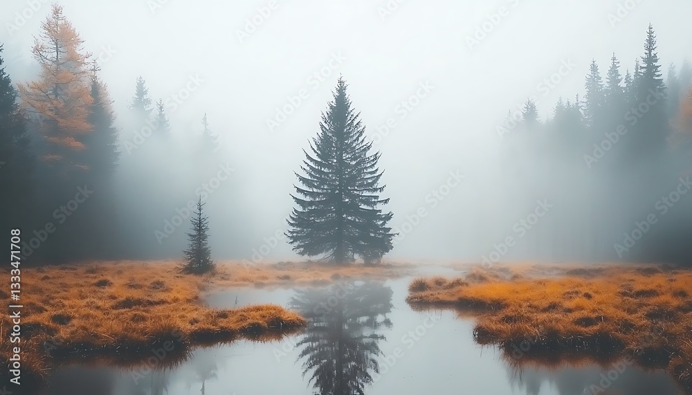 Fototapeta premium Misty Autumn Forest Reflection.
