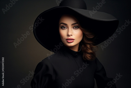  Timeless Elegance: Fashion Model in Black Dress & Wide-Brim Hat