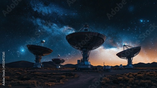 Fototapeta Naklejka Na Ścianę i Meble -  A remote observatory with giant satellite dishes under a breathtaking starry sky, capturing the beauty of space exploration