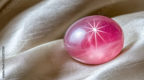 A macro shot of a pink star sapphire with a sharp asterism effect, elegantly resting on a silk background.