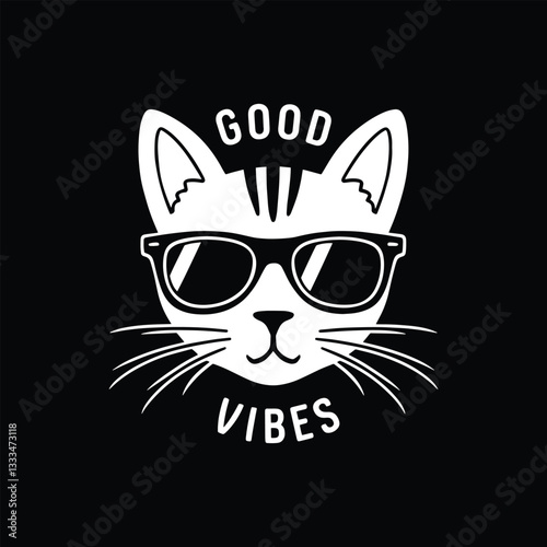 Cute good vibes cat wearing sunglasses vector illustration.