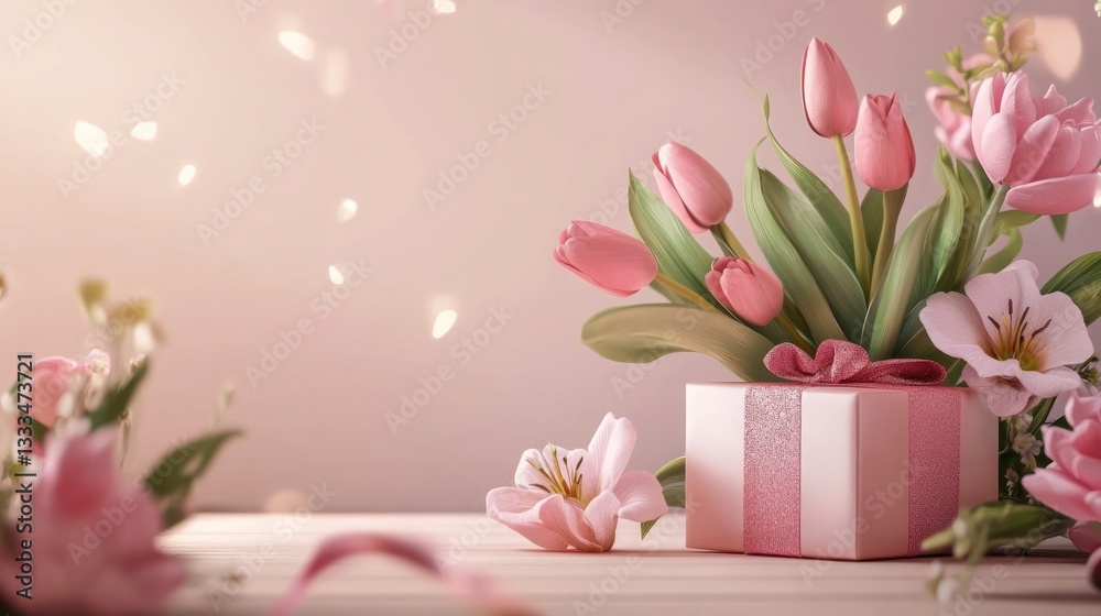 Pink Tulips and Gift Box on Wooden Surface for Valentine's Day Pink Tulips and Gift Box on Wooden Surface for Valentine's Day
