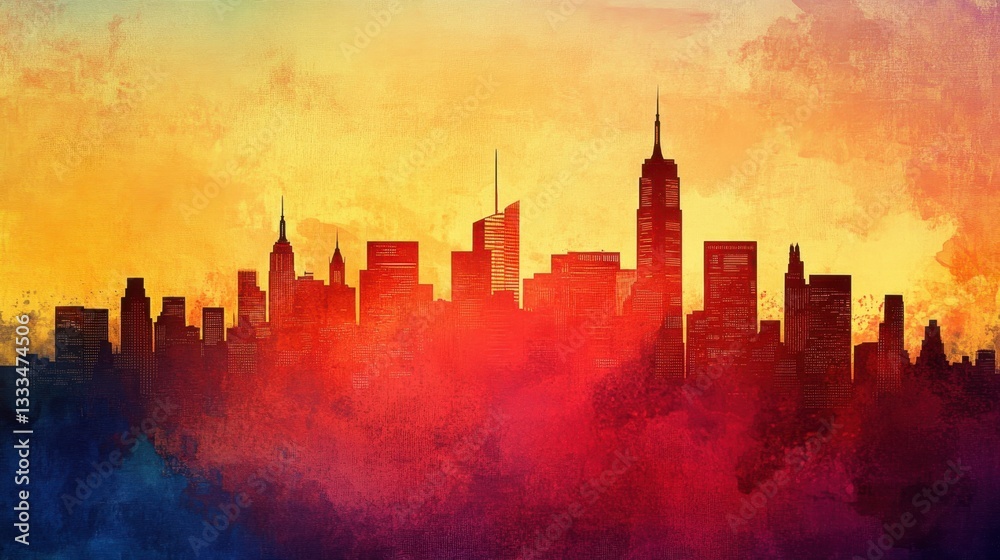 Obraz premium Vibrant New York City Skyline Silhouette at Sunset in Textured Artistic Style