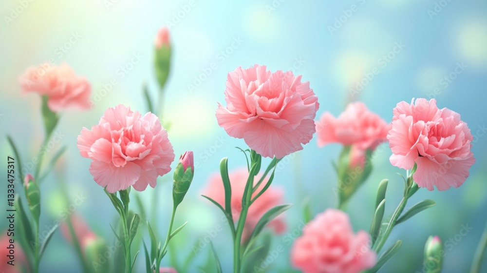 Blooming Pink Carnations in a Field of Flowers with Soft Light Blooming Pink Carnations in a Field of Flowers with Soft Light