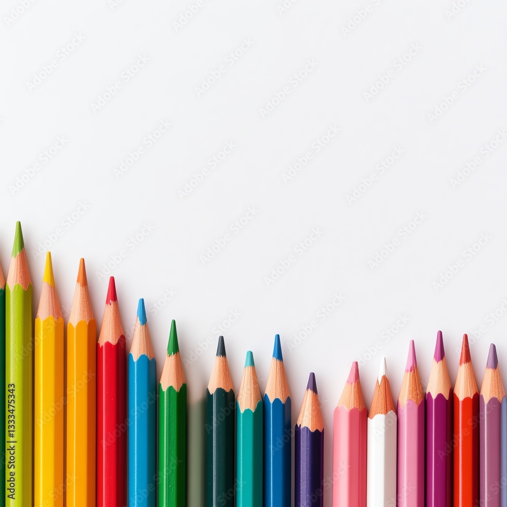A vibrant array of colored pencils arranged neatly, showcasing a spectrum of colors against a clean white background. A vibrant array of colored pencils arranged neatly, showcasing a spectrum of colors against a clean white background.