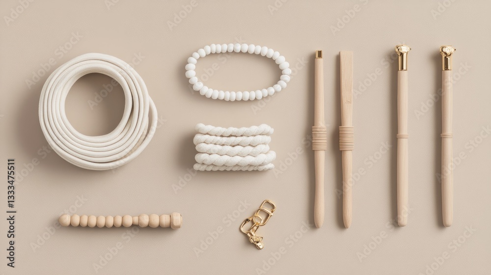 Fototapeta premium A set of jewelry assembly tools and high-quality gold clasps arranged neatly on a neutral taupe background.