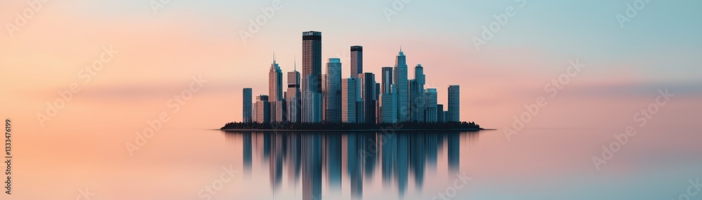 Fototapeta premium Urban skyline reflection at sunset cityscape digital art tranquil environment aerial view modern concepts