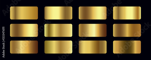 Luxury gold gradients collection vector. Golden gradients set of metallic festive gold vector colors. For banners, tags, fonts, New Year Eve party flyers, invitation card design.