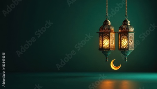 3D cute mosque with 2 mini lanterns hanging from above, and a small crescent moon, the mosque model is lit from inside glowing golden lights, a Ramadan Islamic celebration background banner design
