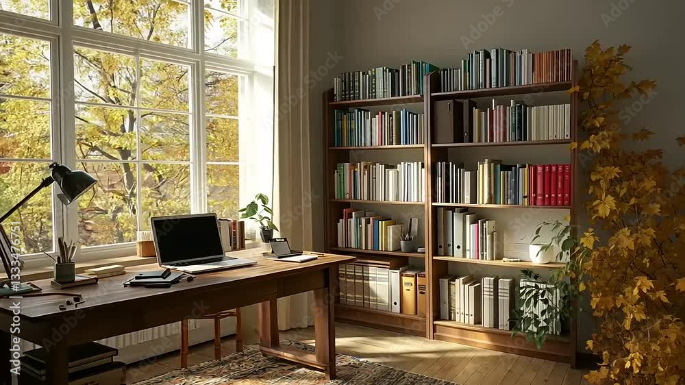 A well-lit home office with a wooden desk, bookshelves, and an autumn view from the window.