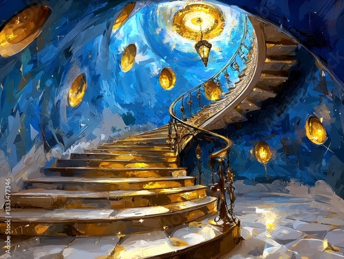 Ascend to the Infinite A Dreamscape Vision of a Floating Staircase Made of Light, Beckoning Travelers to an Endless Cosmos Explore the ethereal beauty of this celestial staircase, crafted from pure