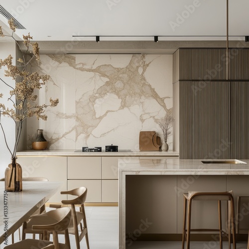 A modern kitchen featuring a marble island and wooden stools