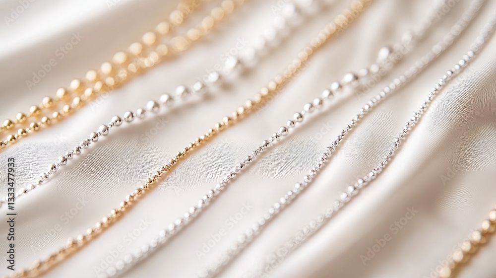 Gold and silver necklace chains in various styles displayed beautifully on a soft white background. Gold and silver necklace chains in various styles displayed beautifully on a soft white background.