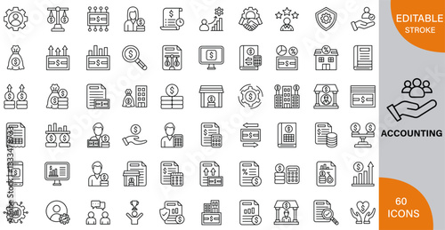 Accounting, Principles, Financial Management & Business Strategies icon pack | Detailed Outline | Editable Stoke 60 icon | Victor illustrator.