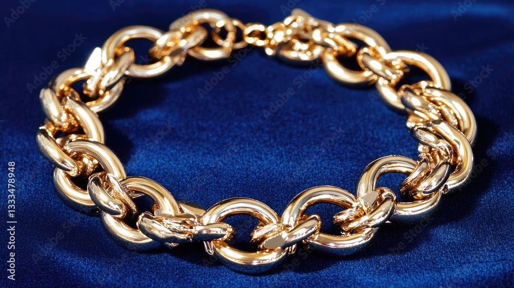 Fototapeta premium Luxurious gold chain necklace with a radiant shine on a rich blue velvet backdrop.