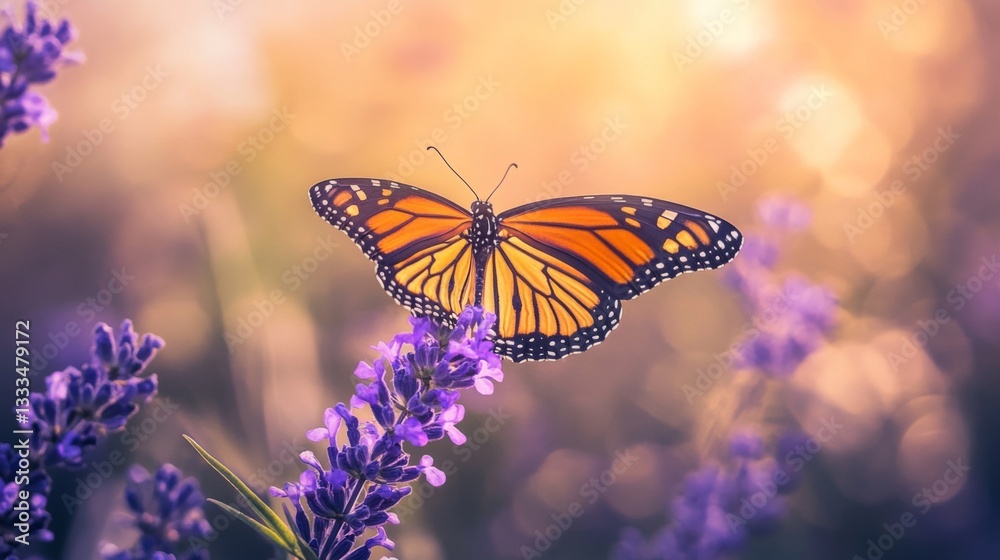 Obraz premium Monarch Butterfly Resting on Lavender Flowers at Sunset