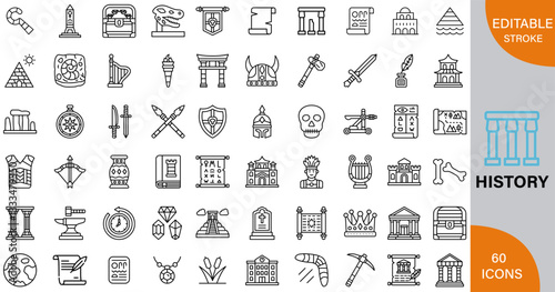 History, Events, Civilizations & Key Moments That Shaped the World icon pack | Detailed Outline | Editable Stoke 60 icon | Victor illustrator.