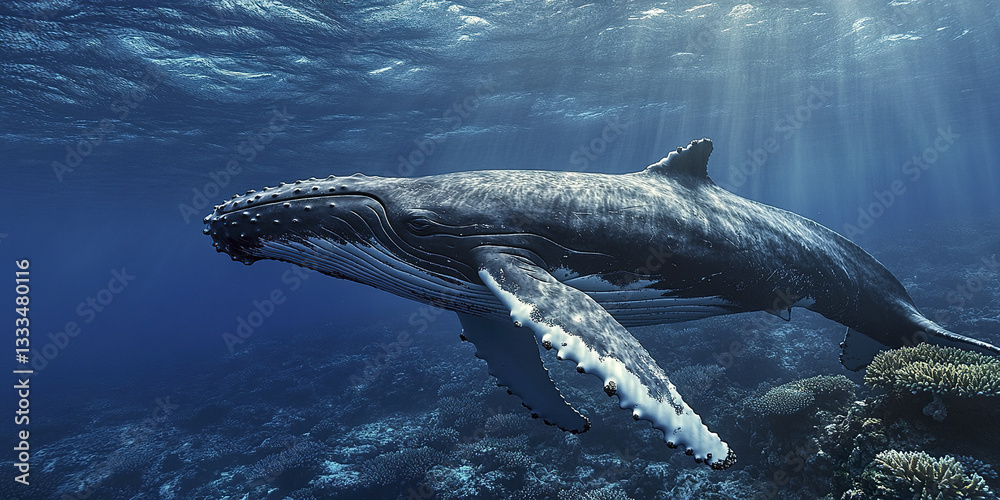Fototapeta premium Majestic humpback whale gliding through vibrant coral reef waters