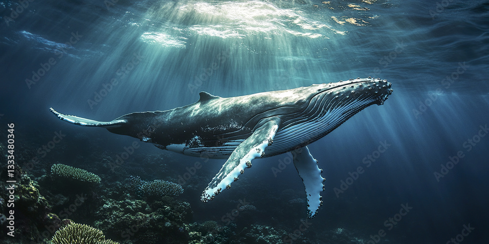 Fototapeta premium majestic humpback whale gliding past coral reef underwater