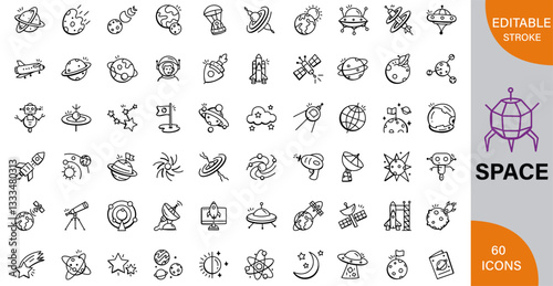 Space Exploration, Discover the Universe, Planets & Future Missions icon pack | Detailed Outline | Editable Stoke 60 icon | Victor illustrator.